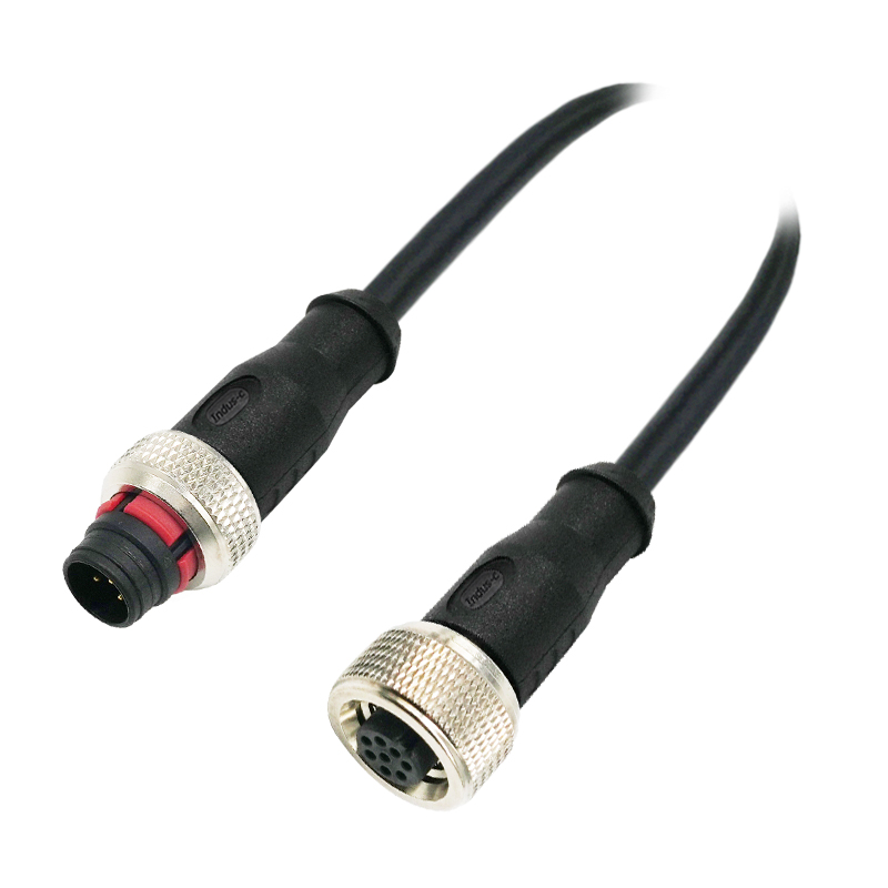 Push-pull m12 8pins A code male to female straight molded cable,unshielded,PVC,-40°C~+105°C,22AWG 0.34mm²,brass with nickel plated screw